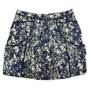 Lilu Anthropologie Mini Marble Floral Skirt 100% Silk Inked Blue Pockets MEDIUM